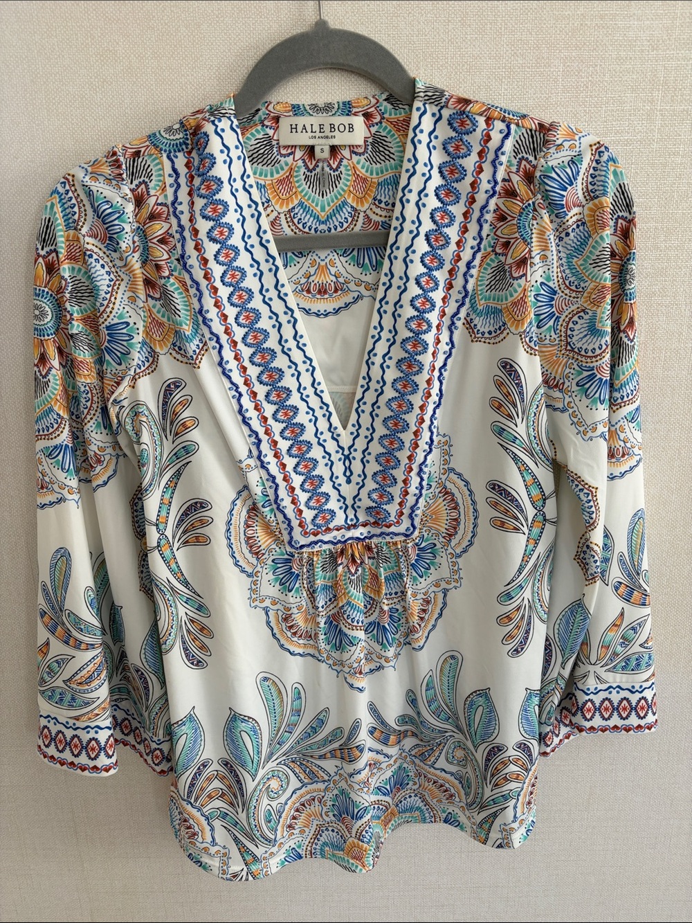 Hale Bob White V-Neck Floral Paisley Tunic with Multicolor Embroidery